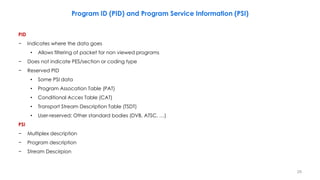 PID
− Indicates where the data goes
• Allows filtering of packet for non viewed programs
− Does not indicate PES/section o...
