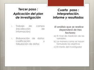 Tercer paso :             Cuarto paso :
     Aplicación del plan         Interpretación,
      de investigación        informe y resultados

1.    Trabajo    de   campo   El análisis que se realice
      (recolección       de       dependerá de tres
      información)
                                         factores:
                              a) El nivel de medición de las
1.    Elaboración de datos:      variables.
      codificación        y   b) La manera como se hayan
      tabulación de datos        formulado los objetivos
                              c) El interés del investigador
 