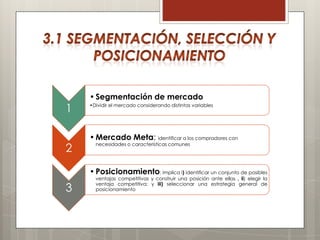 • Segmentación de mercado
1   •Dividir el mercado considerando distintas variables




    • Mercado Meta: identificar a los compradores con
2
      necesidades o características comunes




    • Posicionamiento: implica i) identificar un conjunto de posibles
      ventajas competitivas y construir una posición ante ellas , ii) elegir la

3
      ventaja competitiva; y iii) seleccionar una estrategia general de
      posicionamiento
 
