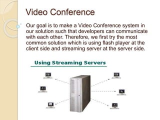 Video Conference
Our goal is to make a Video Conference system in
our solution such that developers can communicate
with each other. Therefore, we first try the most
common solution which is using flash player at the
client side and streaming server at the server side.
 