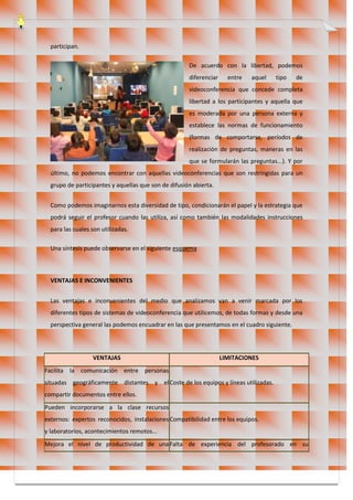participan.
De acuerdo con la libertad, podemos
diferenciar entre aquel tipo de
videoconferencia que concede completa
libertad a los participantes y aquella que
es moderada por una persona externa y
establece las normas de funcionamiento
(formas de comportarse, períodos de
realización de preguntas, maneras en las
que se formularán las preguntas...). Y por
último, no podemos encontrar con aquellas videoconferencias que son restringidas para un
grupo de participantes y aquellas que son de difusión abierta.
Como podemos imaginarnos esta diversidad de tipo, condicionarán el papel y la estrategia que
podrá seguir el profesor cuando las utiliza, así como también las modalidades instrucciones
para las cuales son utilizadas.
Una síntesis puede observarse en el siguiente esquema
VENTAJAS E INCONVENIENTES
Las ventajas e inconvenientes del medio que analizamos van a venir marcada por los
diferentes tipos de sistemas de videoconferencia que utilicemos, de todas formas y desde una
perspectiva general las podemos encuadrar en las que presentamos en el cuadro siguiente.
VENTAJAS LIMITACIONES
Facilita la comunicación entre personas
situadas geográficamente distantes y el
compartir documentos entre ellos.
Coste de los equipos y líneas utilizadas.
Pueden incorporarse a la clase recursos
externos: expertos reconocidos, instalaciones
y laboratorios, acontecimientos remotos...
Compatibilidad entre los equipos.
Mejora el nivel de productividad de unaFalta de experiencia del profesorado en su
 
