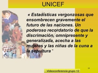 10
Videoconferencia grupo 12
UNICEF
« Estadísticas vergonzosas que
ensombrecen gravemente el
futuro de las naciones. Un
poderoso recordatorio de que la
discrimación, omnipresente y
generalizada, acecha a las
mujeres y las niñas de la cuna a
la sepultura “
 
