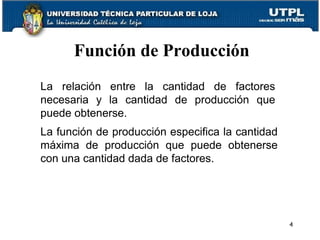 4
Función de Producción
La relación entre la cantidad de factores
necesaria y la cantidad de producción que
puede obtenerse.
La función de producción especifica la cantidad
máxima de producción que puede obtenerse
con una cantidad dada de factores.
 