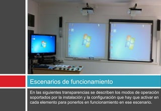 En las siguientes transparencias se describen los modos de operación soportados por la instalación y la configuración que hay que activar en cada elemento para ponerlos en funcionamiento en ese escenario. Escenarios de funcionamiento