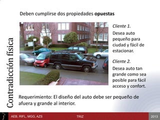 2013AEB, RIFL, MGG, AZS TRIZ
Contradicciónfísica
Cliente 1.
Desea auto
pequeño para
ciudad y fácil de
estacionar.
Cliente 2.
Desea auto tan
grande como sea
posible para fácil
acceso y confort.
Requerimiento: El diseño del auto debe ser pequeño de
afuera y grande al interior.
Deben cumplirse dos propiedades opuestas
 