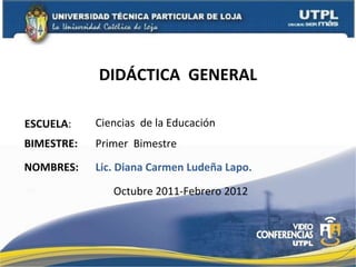 DIDÁCTICA  GENERAL ESCUELA : NOMBRES: Ciencias  de la Educación Lic. Diana Carmen Ludeña Lapo. BIMESTRE: Primer  Bimestre Octubre 2011-Febrero 2012 