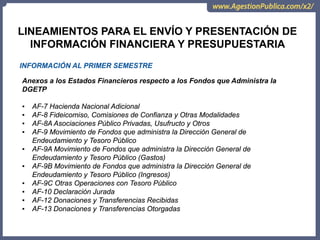 INFORMACIÓN AL PRIMER SEMESTRE
Anexos a los Estados Financieros respecto a los Fondos que Administra la
DGETP
▪ AF-7 Hacienda Nacional Adicional
▪ AF-8 Fideicomiso, Comisiones de Confianza y Otras Modalidades
▪ AF-8A Asociaciones Público Privadas, Usufructo y Otros
▪ AF-9 Movimiento de Fondos que administra la Dirección General de
Endeudamiento y Tesoro Público
▪ AF-9A Movimiento de Fondos que administra la Dirección General de
Endeudamiento y Tesoro Público (Gastos)
▪ AF-9B Movimiento de Fondos que administra la Dirección General de
Endeudamiento y Tesoro Público (Ingresos)
▪ AF-9C Otras Operaciones con Tesoro Público
▪ AF-10 Declaración Jurada
▪ AF-12 Donaciones y Transferencias Recibidas
▪ AF-13 Donaciones y Transferencias Otorgadas
LINEAMIENTOS PARA EL ENVÍO Y PRESENTACIÓN DE
INFORMACIÓN FINANCIERA Y PRESUPUESTARIA
 