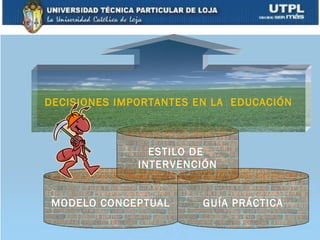 DECISIONES IMPORTANTES EN LA EDUCACIÓN



                ESTILO DE
              INTERVENCIÓN


 MODELO CONCEPTUAL      GUÍA PRÁCTICA
 