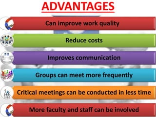 ADVANTAGES 
Can improve work quality 
Reduce costs 
Improves communication 
Groups can meet more frequently 
Critical meetings can be conducted in less time 
More faculty and staff can be involved 
 