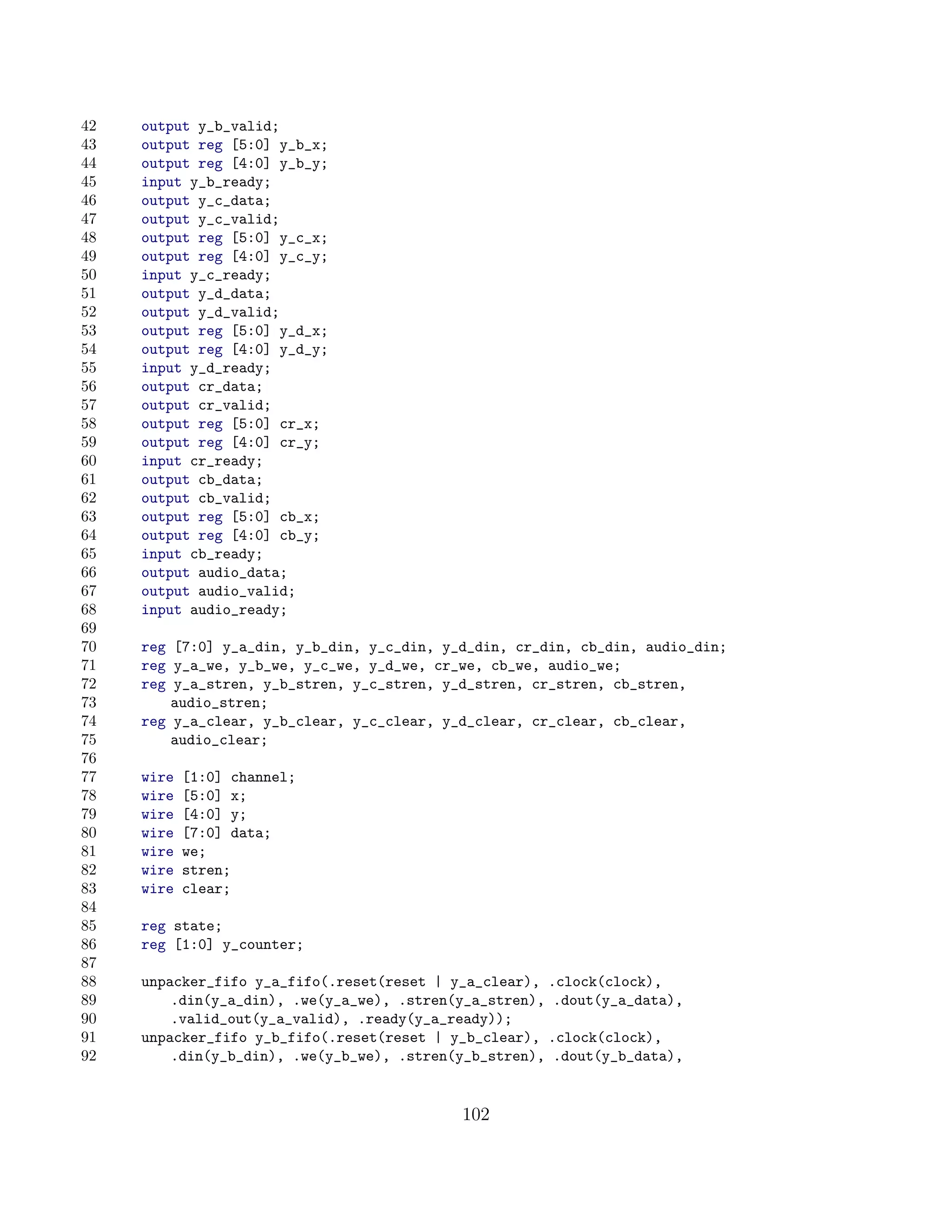 42   output y_b_valid;
43   output reg [5:0] y_b_x;
44   output reg [4:0] y_b_y;
45   input y_b_ready;
46   output y_c_data;
47   output y_c_valid;
48   output reg [5:0] y_c_x;
49   output reg [4:0] y_c_y;
50   input y_c_ready;
51   output y_d_data;
52   output y_d_valid;
53   output reg [5:0] y_d_x;
54   output reg [4:0] y_d_y;
55   input y_d_ready;
56   output cr_data;
57   output cr_valid;
58   output reg [5:0] cr_x;
59   output reg [4:0] cr_y;
60   input cr_ready;
61   output cb_data;
62   output cb_valid;
63   output reg [5:0] cb_x;
64   output reg [4:0] cb_y;
65   input cb_ready;
66   output audio_data;
67   output audio_valid;
68   input audio_ready;
69
70   reg [7:0] y_a_din, y_b_din, y_c_din, y_d_din, cr_din, cb_din, audio_din;
71   reg y_a_we, y_b_we, y_c_we, y_d_we, cr_we, cb_we, audio_we;
72   reg y_a_stren, y_b_stren, y_c_stren, y_d_stren, cr_stren, cb_stren,
73       audio_stren;
74   reg y_a_clear, y_b_clear, y_c_clear, y_d_clear, cr_clear, cb_clear,
75       audio_clear;
76
77   wire   [1:0] channel;
78   wire   [5:0] x;
79   wire   [4:0] y;
80   wire   [7:0] data;
81   wire   we;
82   wire   stren;
83   wire   clear;
84
85   reg state;
86   reg [1:0] y_counter;
87
88   unpacker_fifo y_a_fifo(.reset(reset | y_a_clear), .clock(clock),
89       .din(y_a_din), .we(y_a_we), .stren(y_a_stren), .dout(y_a_data),
90       .valid_out(y_a_valid), .ready(y_a_ready));
91   unpacker_fifo y_b_fifo(.reset(reset | y_b_clear), .clock(clock),
92       .din(y_b_din), .we(y_b_we), .stren(y_b_stren), .dout(y_b_data),


                                            102
 