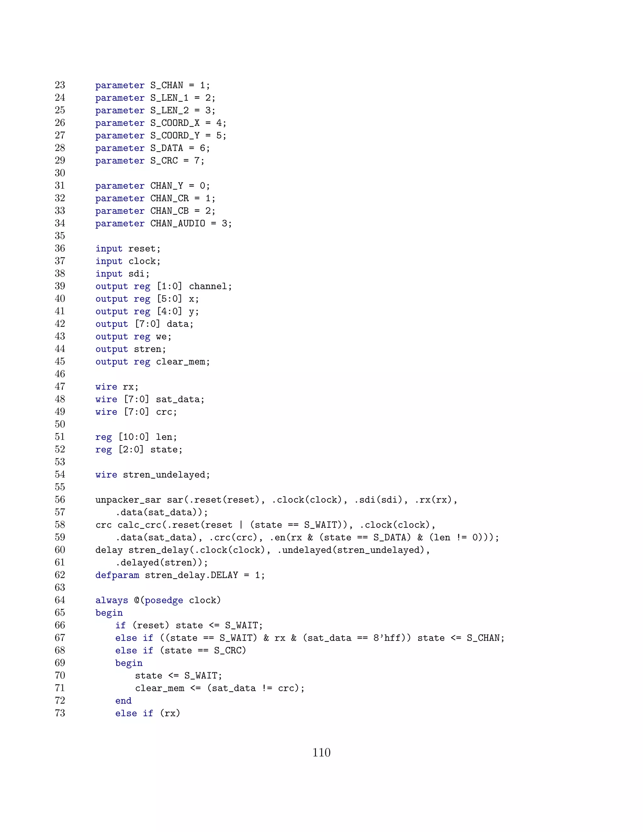 23   parameter   S_CHAN = 1;
24   parameter   S_LEN_1 = 2;
25   parameter   S_LEN_2 = 3;
26   parameter   S_COORD_X = 4;
27   parameter   S_COORD_Y = 5;
28   parameter   S_DATA = 6;
29   parameter   S_CRC = 7;
30
31   parameter   CHAN_Y = 0;
32   parameter   CHAN_CR = 1;
33   parameter   CHAN_CB = 2;
34   parameter   CHAN_AUDIO = 3;
35
36   input reset;
37   input clock;
38   input sdi;
39   output reg [1:0] channel;
40   output reg [5:0] x;
41   output reg [4:0] y;
42   output [7:0] data;
43   output reg we;
44   output stren;
45   output reg clear_mem;
46
47   wire rx;
48   wire [7:0] sat_data;
49   wire [7:0] crc;
50
51   reg [10:0] len;
52   reg [2:0] state;
53
54   wire stren_undelayed;
55
56   unpacker_sar sar(.reset(reset), .clock(clock), .sdi(sdi), .rx(rx),
57       .data(sat_data));
58   crc calc_crc(.reset(reset | (state == S_WAIT)), .clock(clock),
59       .data(sat_data), .crc(crc), .en(rx  (state == S_DATA)  (len != 0)));
60   delay stren_delay(.clock(clock), .undelayed(stren_undelayed),
61       .delayed(stren));
62   defparam stren_delay.DELAY = 1;
63
64   always @(posedge clock)
65   begin
66       if (reset) state = S_WAIT;
67       else if ((state == S_WAIT)  rx  (sat_data == 8’hff)) state = S_CHAN;
68       else if (state == S_CRC)
69       begin
70           state = S_WAIT;
71           clear_mem = (sat_data != crc);
72       end
73       else if (rx)


                                            110
 
