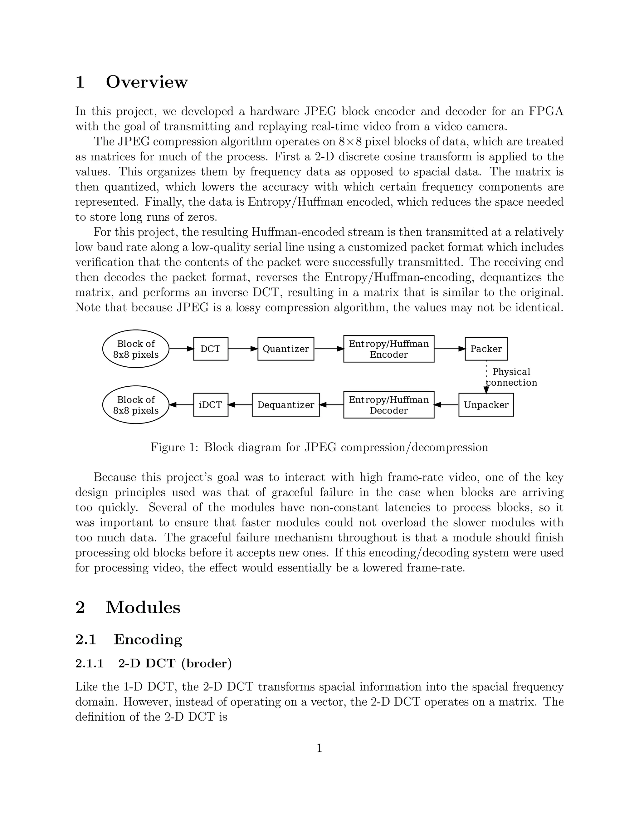 1       Overview
In this project, we developed a hardware JPEG block encoder and decoder for an FPGA
with the goal of transmitting and replaying real-time video from a video camera.
    The JPEG compression algorithm operates on 8×8 pixel blocks of data, which are treated
as matrices for much of the process. First a 2-D discrete cosine transform is applied to the
values. This organizes them by frequency data as opposed to spacial data. The matrix is
then quantized, which lowers the accuracy with which certain frequency components are
represented. Finally, the data is Entropy/Huﬀman encoded, which reduces the space needed
to store long runs of zeros.
    For this project, the resulting Huﬀman-encoded stream is then transmitted at a relatively
low baud rate along a low-quality serial line using a customized packet format which includes
veriﬁcation that the contents of the packet were successfully transmitted. The receiving end
then decodes the packet format, reverses the Entropy/Huﬀman-encoding, dequantizes the
matrix, and performs an inverse DCT, resulting in a matrix that is similar to the original.
Note that because JPEG is a lossy compression algorithm, the values may not be identical.

         Block of                                   Entropy/Huffman
                        DCT        Quantizer                               Packer
        8x8 pixels                                      Encoder
                                                                               Physical
                                                                              connection
         Block of                                   Entropy/Huffman
                        iDCT      Dequantizer                            Unpacker
        8x8 pixels                                      Decoder



                Figure 1: Block diagram for JPEG compression/decompression

    Because this project’s goal was to interact with high frame-rate video, one of the key
design principles used was that of graceful failure in the case when blocks are arriving
too quickly. Several of the modules have non-constant latencies to process blocks, so it
was important to ensure that faster modules could not overload the slower modules with
too much data. The graceful failure mechanism throughout is that a module should ﬁnish
processing old blocks before it accepts new ones. If this encoding/decoding system were used
for processing video, the eﬀect would essentially be a lowered frame-rate.


2       Modules
2.1     Encoding
2.1.1    2-D DCT (broder)
Like the 1-D DCT, the 2-D DCT transforms spacial information into the spacial frequency
domain. However, instead of operating on a vector, the 2-D DCT operates on a matrix. The
deﬁnition of the 2-D DCT is

                                                1
 