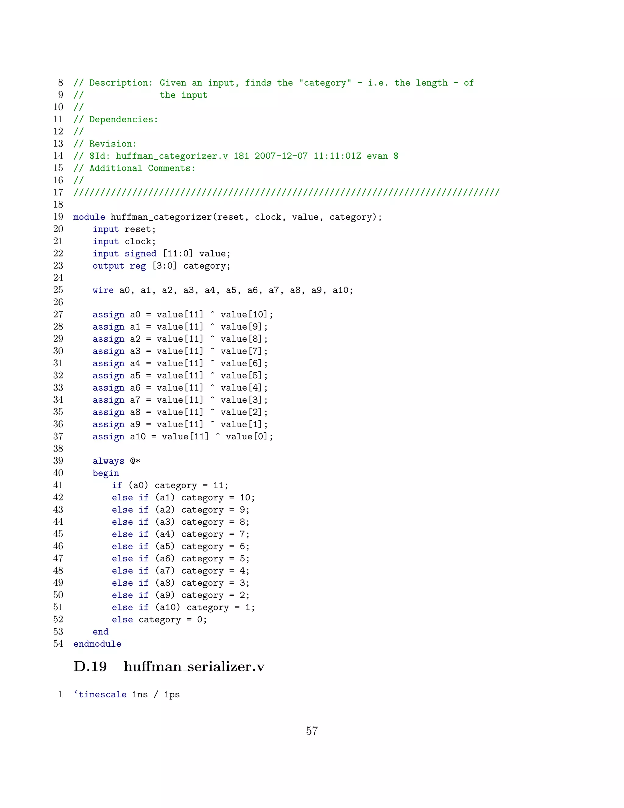 8   // Description: Given an input, finds the category - i.e. the length - of
 9   //               the input
10   //
11   // Dependencies:
12   //
13   // Revision:
14   // $Id: huffman_categorizer.v 181 2007-12-07 11:11:01Z evan $
15   // Additional Comments:
16   //
17   ////////////////////////////////////////////////////////////////////////////////
18
19   module huffman_categorizer(reset, clock, value, category);
20       input reset;
21       input clock;
22       input signed [11:0] value;
23       output reg [3:0] category;
24
25      wire a0, a1, a2, a3, a4, a5, a6, a7, a8, a9, a10;
26
27      assign   a0 = value[11] ^ value[10];
28      assign   a1 = value[11] ^ value[9];
29      assign   a2 = value[11] ^ value[8];
30      assign   a3 = value[11] ^ value[7];
31      assign   a4 = value[11] ^ value[6];
32      assign   a5 = value[11] ^ value[5];
33      assign   a6 = value[11] ^ value[4];
34      assign   a7 = value[11] ^ value[3];
35      assign   a8 = value[11] ^ value[2];
36      assign   a9 = value[11] ^ value[1];
37      assign   a10 = value[11] ^ value[0];
38
39       always @*
40       begin
41           if (a0) category = 11;
42           else if (a1) category = 10;
43           else if (a2) category = 9;
44           else if (a3) category = 8;
45           else if (a4) category = 7;
46           else if (a5) category = 6;
47           else if (a6) category = 5;
48           else if (a7) category = 4;
49           else if (a8) category = 3;
50           else if (a9) category = 2;
51           else if (a10) category = 1;
52           else category = 0;
53       end
54   endmodule

     D.19     huﬀman serializer.v
1    ‘timescale 1ns / 1ps


                                                57
 