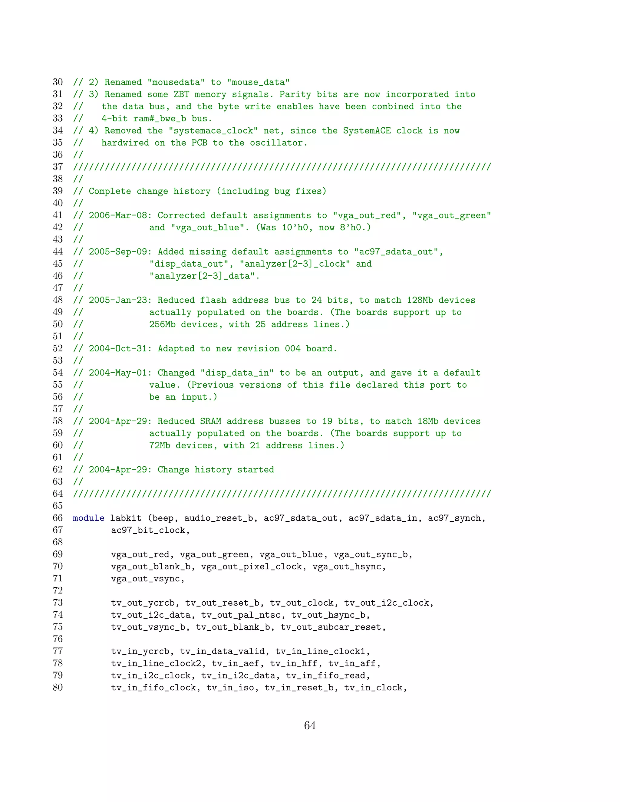 30   // 2) Renamed mousedata to mouse_data
31   // 3) Renamed some ZBT memory signals. Parity bits are now incorporated into
32   //   the data bus, and the byte write enables have been combined into the
33   //   4-bit ram#_bwe_b bus.
34   // 4) Removed the systemace_clock net, since the SystemACE clock is now
35   //   hardwired on the PCB to the oscillator.
36   //
37   ///////////////////////////////////////////////////////////////////////////////
38   //
39   // Complete change history (including bug fixes)
40   //
41   // 2006-Mar-08: Corrected default assignments to vga_out_red, vga_out_green
42   //            and vga_out_blue. (Was 10’h0, now 8’h0.)
43   //
44   // 2005-Sep-09: Added missing default assignments to ac97_sdata_out,
45   //            disp_data_out, analyzer[2-3]_clock and
46   //            analyzer[2-3]_data.
47   //
48   // 2005-Jan-23: Reduced flash address bus to 24 bits, to match 128Mb devices
49   //            actually populated on the boards. (The boards support up to
50   //            256Mb devices, with 25 address lines.)
51   //
52   // 2004-Oct-31: Adapted to new revision 004 board.
53   //
54   // 2004-May-01: Changed disp_data_in to be an output, and gave it a default
55   //            value. (Previous versions of this file declared this port to
56   //            be an input.)
57   //
58   // 2004-Apr-29: Reduced SRAM address busses to 19 bits, to match 18Mb devices
59   //            actually populated on the boards. (The boards support up to
60   //            72Mb devices, with 21 address lines.)
61   //
62   // 2004-Apr-29: Change history started
63   //
64   ///////////////////////////////////////////////////////////////////////////////
65
66   module labkit (beep, audio_reset_b, ac97_sdata_out, ac97_sdata_in, ac97_synch,
67          ac97_bit_clock,
68
69          vga_out_red, vga_out_green, vga_out_blue, vga_out_sync_b,
70          vga_out_blank_b, vga_out_pixel_clock, vga_out_hsync,
71          vga_out_vsync,
72
73          tv_out_ycrcb, tv_out_reset_b, tv_out_clock, tv_out_i2c_clock,
74          tv_out_i2c_data, tv_out_pal_ntsc, tv_out_hsync_b,
75          tv_out_vsync_b, tv_out_blank_b, tv_out_subcar_reset,
76
77          tv_in_ycrcb, tv_in_data_valid, tv_in_line_clock1,
78          tv_in_line_clock2, tv_in_aef, tv_in_hff, tv_in_aff,
79          tv_in_i2c_clock, tv_in_i2c_data, tv_in_fifo_read,
80          tv_in_fifo_clock, tv_in_iso, tv_in_reset_b, tv_in_clock,


                                                64
 