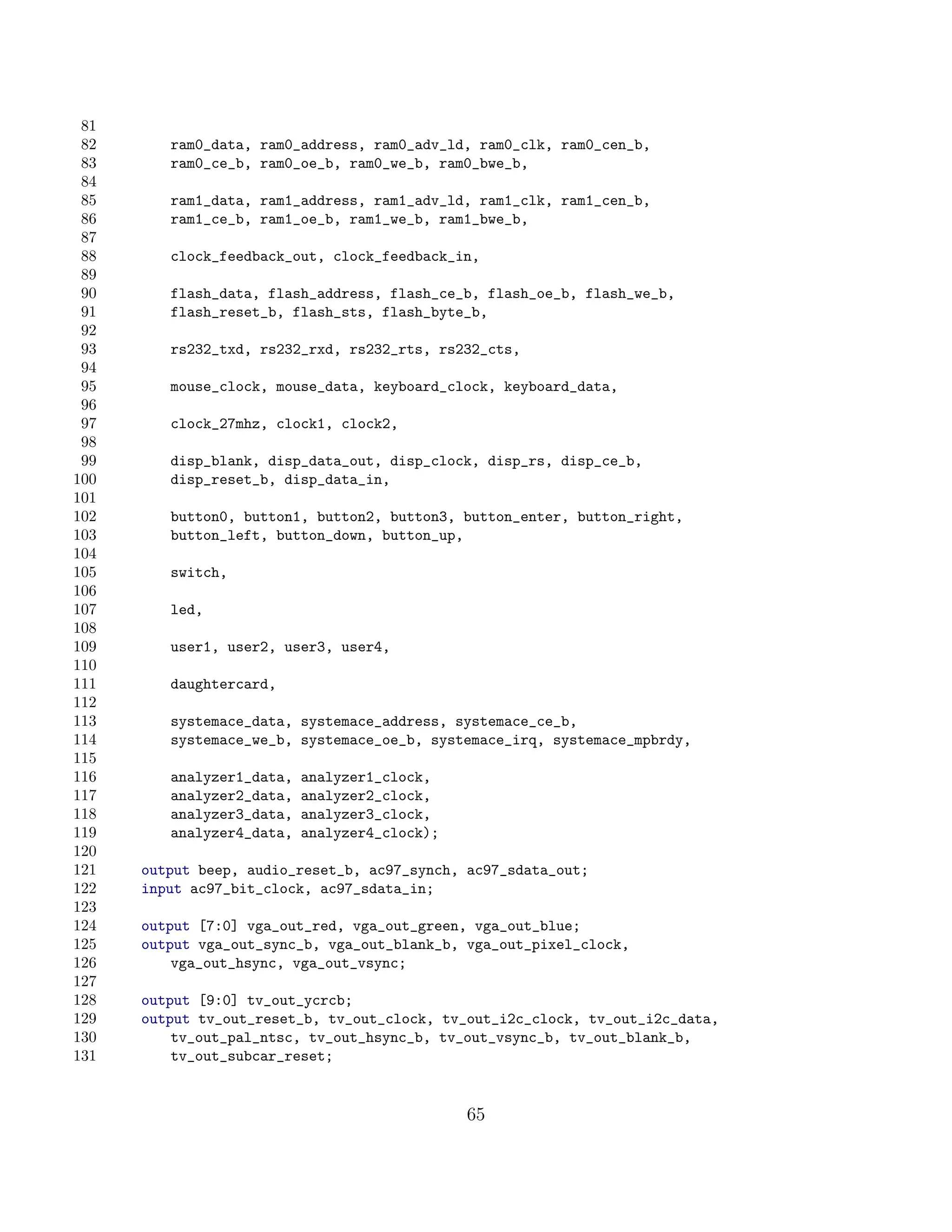 81
 82      ram0_data, ram0_address, ram0_adv_ld, ram0_clk, ram0_cen_b,
 83      ram0_ce_b, ram0_oe_b, ram0_we_b, ram0_bwe_b,
 84
 85      ram1_data, ram1_address, ram1_adv_ld, ram1_clk, ram1_cen_b,
 86      ram1_ce_b, ram1_oe_b, ram1_we_b, ram1_bwe_b,
 87
 88      clock_feedback_out, clock_feedback_in,
 89
 90      flash_data, flash_address, flash_ce_b, flash_oe_b, flash_we_b,
 91      flash_reset_b, flash_sts, flash_byte_b,
 92
 93      rs232_txd, rs232_rxd, rs232_rts, rs232_cts,
 94
 95      mouse_clock, mouse_data, keyboard_clock, keyboard_data,
 96
 97      clock_27mhz, clock1, clock2,
 98
 99      disp_blank, disp_data_out, disp_clock, disp_rs, disp_ce_b,
100      disp_reset_b, disp_data_in,
101
102      button0, button1, button2, button3, button_enter, button_right,
103      button_left, button_down, button_up,
104
105      switch,
106
107      led,
108
109      user1, user2, user3, user4,
110
111      daughtercard,
112
113      systemace_data, systemace_address, systemace_ce_b,
114      systemace_we_b, systemace_oe_b, systemace_irq, systemace_mpbrdy,
115
116      analyzer1_data,   analyzer1_clock,
117      analyzer2_data,   analyzer2_clock,
118      analyzer3_data,   analyzer3_clock,
119      analyzer4_data,   analyzer4_clock);
120
121   output beep, audio_reset_b, ac97_synch, ac97_sdata_out;
122   input ac97_bit_clock, ac97_sdata_in;
123
124   output [7:0] vga_out_red, vga_out_green, vga_out_blue;
125   output vga_out_sync_b, vga_out_blank_b, vga_out_pixel_clock,
126       vga_out_hsync, vga_out_vsync;
127
128   output [9:0] tv_out_ycrcb;
129   output tv_out_reset_b, tv_out_clock, tv_out_i2c_clock, tv_out_i2c_data,
130       tv_out_pal_ntsc, tv_out_hsync_b, tv_out_vsync_b, tv_out_blank_b,
131       tv_out_subcar_reset;


                                               65
 