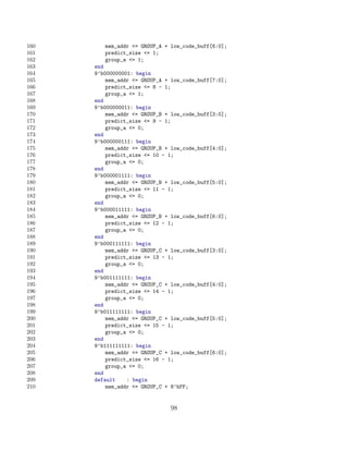 160      mem_addr = GROUP_A + low_code_buff[6:0];
161      predict_size = 1;
162      group_a = 1;
163   end
164   9’b000000001: begin
165       mem_addr = GROUP_A + low_code_buff[7:0];
166       predict_size = 8 - 1;
167       group_a = 1;
168   end
169   9’b000000011: begin
170       mem_addr = GROUP_B + low_code_buff[3:0];
171       predict_size = 9 - 1;
172       group_a = 0;
173   end
174   9’b000000111: begin
175       mem_addr = GROUP_B + low_code_buff[4:0];
176       predict_size = 10 - 1;
177       group_a = 0;
178   end
179   9’b000001111: begin
180       mem_addr = GROUP_B + low_code_buff[5:0];
181       predict_size = 11 - 1;
182       group_a = 0;
183   end
184   9’b000011111: begin
185       mem_addr = GROUP_B + low_code_buff[6:0];
186       predict_size = 12 - 1;
187       group_a = 0;
188   end
189   9’b000111111: begin
190       mem_addr = GROUP_C + low_code_buff[3:0];
191       predict_size = 13 - 1;
192       group_a = 0;
193   end
194   9’b001111111: begin
195       mem_addr = GROUP_C + low_code_buff[4:0];
196       predict_size = 14 - 1;
197       group_a = 0;
198   end
199   9’b011111111: begin
200       mem_addr = GROUP_C + low_code_buff[5:0];
201       predict_size = 15 - 1;
202       group_a = 0;
203   end
204   9’b111111111: begin
205       mem_addr = GROUP_C + low_code_buff[6:0];
206       predict_size = 16 - 1;
207       group_a = 0;
208   end
209   default    : begin
210       mem_addr = GROUP_C + 8’hFF;


                               98
 