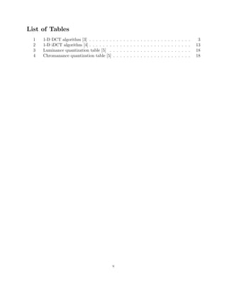 List of Tables
  1   1-D DCT algorithm [3] . . . . . . .    .   .   .   .   .   .   .   .   .   .   .   .   .   .   .   .   .   .   .   .   .   .   .    3
  2   1-D iDCT algorithm [4] . . . . . . .   .   .   .   .   .   .   .   .   .   .   .   .   .   .   .   .   .   .   .   .   .   .   .   13
  3   Luminance quantization table [5] .     .   .   .   .   .   .   .   .   .   .   .   .   .   .   .   .   .   .   .   .   .   .   .   18
  4   Chromanance quantization table [5]     .   .   .   .   .   .   .   .   .   .   .   .   .   .   .   .   .   .   .   .   .   .   .   18




                                             v
 