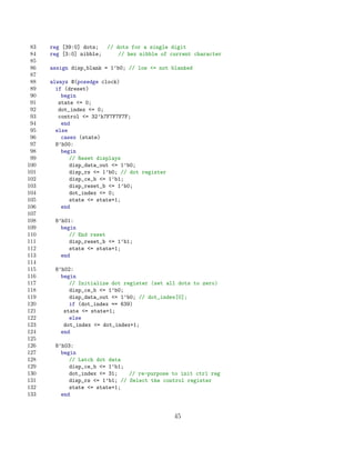 83   reg [39:0] dots;  // dots for a single digit
 84   reg [3:0] nibble;     // hex nibble of current character
 85
 86   assign disp_blank = 1’b0; // low = not blanked
 87
 88   always @(posedge clock)
 89     if (dreset)
 90       begin
 91      state = 0;
 92      dot_index = 0;
 93      control = 32’h7F7F7F7F;
 94       end
 95     else
 96       casex (state)
 97     8’h00:
 98       begin
 99          // Reset displays
100          disp_data_out = 1’b0;
101          disp_rs = 1’b0; // dot register
102          disp_ce_b = 1’b1;
103          disp_reset_b = 1’b0;
104          dot_index = 0;
105          state = state+1;
106       end
107
108    8’h01:
109      begin
110         // End reset
111         disp_reset_b = 1’b1;
112         state = state+1;
113      end
114
115    8’h02:
116      begin
117         // Initialize dot register (set all dots to zero)
118         disp_ce_b = 1’b0;
119         disp_data_out = 1’b0; // dot_index[0];
120         if (dot_index == 639)
121       state = state+1;
122         else
123       dot_index = dot_index+1;
124      end
125
126    8’h03:
127      begin
128         // Latch dot data
129         disp_ce_b = 1’b1;
130         dot_index = 31;    // re-purpose to init ctrl reg
131         disp_rs = 1’b1; // Select the control register
132         state = state+1;
133      end


                                                45
 