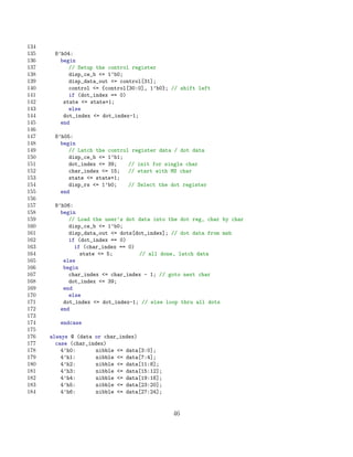134
135    8’h04:
136      begin
137         // Setup the control register
138         disp_ce_b = 1’b0;
139         disp_data_out = control[31];
140         control = {control[30:0], 1’b0}; // shift left
141         if (dot_index == 0)
142       state = state+1;
143         else
144       dot_index = dot_index-1;
145      end
146
147    8’h05:
148      begin
149         // Latch the control register data / dot data
150         disp_ce_b = 1’b1;
151         dot_index = 39;    // init for single char
152         char_index = 15; // start with MS char
153         state = state+1;
154         disp_rs = 1’b0;    // Select the dot register
155      end
156
157    8’h06:
158      begin
159         // Load the user’s dot data into the dot reg, char by char
160         disp_ce_b = 1’b0;
161         disp_data_out = dots[dot_index]; // dot data from msb
162         if (dot_index == 0)
163           if (char_index == 0)
164             state = 5;        // all done, latch data
165       else
166       begin
167         char_index = char_index - 1; // goto next char
168         dot_index = 39;
169       end
170         else
171       dot_index = dot_index-1; // else loop thru all dots
172      end
173
174      endcase
175
176   always @ (data or char_index)
177     case (char_index)
178       4’h0:      nibble = data[3:0];
179       4’h1:      nibble = data[7:4];
180       4’h2:      nibble = data[11:8];
181       4’h3:      nibble = data[15:12];
182       4’h4:      nibble = data[19:16];
183       4’h5:      nibble = data[23:20];
184       4’h6:      nibble = data[27:24];


                                              46
 