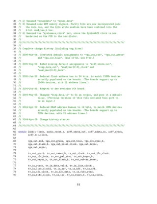 30   // 2) Renamed mousedata to mouse_data
31   // 3) Renamed some ZBT memory signals. Parity bits are now incorporated into
32   //   the data bus, and the byte write enables have been combined into the
33   //   4-bit ram#_bwe_b bus.
34   // 4) Removed the systemace_clock net, since the SystemACE clock is now
35   //   hardwired on the PCB to the oscillator.
36   //
37   ///////////////////////////////////////////////////////////////////////////////
38   //
39   // Complete change history (including bug fixes)
40   //
41   // 2006-Mar-08: Corrected default assignments to vga_out_red, vga_out_green
42   //            and vga_out_blue. (Was 10’h0, now 8’h0.)
43   //
44   // 2005-Sep-09: Added missing default assignments to ac97_sdata_out,
45   //            disp_data_out, analyzer[2-3]_clock and
46   //            analyzer[2-3]_data.
47   //
48   // 2005-Jan-23: Reduced flash address bus to 24 bits, to match 128Mb devices
49   //            actually populated on the boards. (The boards support up to
50   //            256Mb devices, with 25 address lines.)
51   //
52   // 2004-Oct-31: Adapted to new revision 004 board.
53   //
54   // 2004-May-01: Changed disp_data_in to be an output, and gave it a default
55   //            value. (Previous versions of this file declared this port to
56   //            be an input.)
57   //
58   // 2004-Apr-29: Reduced SRAM address busses to 19 bits, to match 18Mb devices
59   //            actually populated on the boards. (The boards support up to
60   //            72Mb devices, with 21 address lines.)
61   //
62   // 2004-Apr-29: Change history started
63   //
64   ///////////////////////////////////////////////////////////////////////////////
65
66   module labkit (beep, audio_reset_b, ac97_sdata_out, ac97_sdata_in, ac97_synch,
67          ac97_bit_clock,
68
69          vga_out_red, vga_out_green, vga_out_blue, vga_out_sync_b,
70          vga_out_blank_b, vga_out_pixel_clock, vga_out_hsync,
71          vga_out_vsync,
72
73          tv_out_ycrcb, tv_out_reset_b, tv_out_clock, tv_out_i2c_clock,
74          tv_out_i2c_data, tv_out_pal_ntsc, tv_out_hsync_b,
75          tv_out_vsync_b, tv_out_blank_b, tv_out_subcar_reset,
76
77          tv_in_ycrcb, tv_in_data_valid, tv_in_line_clock1,
78          tv_in_line_clock2, tv_in_aef, tv_in_hff, tv_in_aff,
79          tv_in_i2c_clock, tv_in_i2c_data, tv_in_fifo_read,
80          tv_in_fifo_clock, tv_in_iso, tv_in_reset_b, tv_in_clock,


                                                64
 