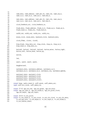 81
 82      ram0_data, ram0_address, ram0_adv_ld, ram0_clk, ram0_cen_b,
 83      ram0_ce_b, ram0_oe_b, ram0_we_b, ram0_bwe_b,
 84
 85      ram1_data, ram1_address, ram1_adv_ld, ram1_clk, ram1_cen_b,
 86      ram1_ce_b, ram1_oe_b, ram1_we_b, ram1_bwe_b,
 87
 88      clock_feedback_out, clock_feedback_in,
 89
 90      flash_data, flash_address, flash_ce_b, flash_oe_b, flash_we_b,
 91      flash_reset_b, flash_sts, flash_byte_b,
 92
 93      rs232_txd, rs232_rxd, rs232_rts, rs232_cts,
 94
 95      mouse_clock, mouse_data, keyboard_clock, keyboard_data,
 96
 97      clock_27mhz, clock1, clock2,
 98
 99      disp_blank, disp_data_out, disp_clock, disp_rs, disp_ce_b,
100      disp_reset_b, disp_data_in,
101
102      button0, button1, button2, button3, button_enter, button_right,
103      button_left, button_down, button_up,
104
105      switch,
106
107      led,
108
109      user1, user2, user3, user4,
110
111      daughtercard,
112
113      systemace_data, systemace_address, systemace_ce_b,
114      systemace_we_b, systemace_oe_b, systemace_irq, systemace_mpbrdy,
115
116      analyzer1_data,   analyzer1_clock,
117      analyzer2_data,   analyzer2_clock,
118      analyzer3_data,   analyzer3_clock,
119      analyzer4_data,   analyzer4_clock);
120
121   output beep, audio_reset_b, ac97_synch, ac97_sdata_out;
122   input ac97_bit_clock, ac97_sdata_in;
123
124   output [7:0] vga_out_red, vga_out_green, vga_out_blue;
125   output vga_out_sync_b, vga_out_blank_b, vga_out_pixel_clock,
126       vga_out_hsync, vga_out_vsync;
127
128   output [9:0] tv_out_ycrcb;
129   output tv_out_reset_b, tv_out_clock, tv_out_i2c_clock, tv_out_i2c_data,
130       tv_out_pal_ntsc, tv_out_hsync_b, tv_out_vsync_b, tv_out_blank_b,
131       tv_out_subcar_reset;


                                               65
 