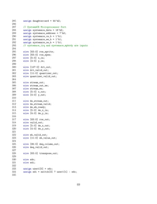 285   assign daughtercard = 44’hZ;
286
287   // SystemACE Microprocessor Port
288   assign systemace_data = 16’hZ;
289   assign systemace_address = 7’h0;
290   assign systemace_ce_b = 1’b1;
291   assign systemace_we_b = 1’b1;
292   assign systemace_oe_b = 1’b1;
293   // systemace_irq and systemace_mpbrdy are inputs
294
295   wire   [63:0] row_sprite;
296   wire   [63:0] row_spew;
297   wire   [5:0] x_in;
298   wire   [4:0] y_in;
299
300   wire   [127:0] dct_out;
301   wire   dct_valid_out;
302   wire   [11:0] quantizer_out;
303   wire   quantizer_valid_out;
304
305   wire   stream_out;
306   wire   stream_out_we;
307   wire   stream_en;
308   wire   [5:0] x_out;
309   wire   [4:0] y_out;
310
311   wire   de_stream_out;
312   wire   de_stream_valid;
313   wire   de_eh_ready;
314   wire   [5:0] de_x_in;
315   wire   [4:0] de_y_in;
316
317   wire   [63:0] row_out;
318   wire   valid_out;
319   wire   [5:0] de_x_out;
320   wire   [4:0] de_y_out;
321
322   wire eh_valid_out;
323   wire [11:0] eh_value_out;
324
325   wire [95:0] deq_column_out;
326   wire deq_valid_out;
327
328   wire [63:0] transpose_out;
329
330   wire sdo;
331   wire sdi;
332
333   assign user1[0] = sdo;
334   assign sdi = switch[3] ? user1[1] : sdo;
335


                                                 69
 