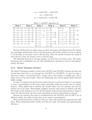 m3 = cos(2π/16) − cos(6π/16)
                                       m2 = cos(6π/16)
                                m4 = cos(2π/16) + cos(6π/16).


                               Table 1: 1-D DCT algorithm [3]
      Step 1          Step 2       Step 3        Step 4       Step 5               Step 6
   b0 = a0 + a7    c0 = b0 + b5 d0 = c0 + c3 e0 = d0        f0 = e0              S0 = f0
   b1 = a1 + a6    c1 = b1 − b4 d1 = c0 − c3 e1 = d1        f1 = e1              S1 = f4 + f7
   b2 = a3 − a4    c2 = b2 + b6 d2 = c2       e2 = m3 × d2 f2 = e5 + e6          S2 = f2
   b3 = a1 − a6    c3 = b1 + b4 d3 = c1 + c4 e3 = m1 × d7 f3 = e5 − e6           S3 = f5 − f6
   b4 = a2 + a5    c4 = b0 − b5 d4 = c2 − c5 e4 = m4 × d6 f4 = e3 + e8           S4 = f1
   b5 = a3 + a4    c5 = b3 + b7 d5 = c4       e5 = d5       f5 = e8 − e3         S5 = f5 + f6
   b6 = a2 − a5    c6 = b3 + b6 d6 = c5       e6 = m1 × d3 f6 = e2 + e7          S6 = f3
   b7 = a0 − a7    c 7 = b7      d7 = c6      e7 = m2 × d4 f7 = e4 + e7          S7 = f4 − f7
                                 d8 = c7      e8 = d8

    Because Verilog does not allow arrays as ports, the inputs and outputs from the module
are each single concatenated vectors. For this project, each of the 8 values in a row or column
is 12 bits long, so the input vector is 96 bits long. Since the module increases the width of
each value by 4 bits, the output vector is 128 bits long.
    The algorithm from [3] is a 6-stage pipeline, so the latency is 6 clock cycles. The imple-
mentation uses 5 multipliers (one for each multiplication operation in step 4) and approxi-
mately 425 slices.

2.1.3   Matrix Transpose (broder)
The Matrix Transpose module is used in the 2-D DCT and 2-D iDCT between the ﬁrst and
second times that data is run through the 1-D DCT (or 1-D iDCT). It takes for input a
row array, which is concatenated into a single vector, and outputs a column array, also a
single vector of the same length. There are additionally two control signals, shift row and
shift column.
    In order to transpose the matrix from a series of rows to a series of columns, it is necessary
to store a representation of the entire matrix internally, which the module does in register
memory. When shift row is asserted, the module shifts each row upwards and sets the
bottom row to the input. When shift column is asserted, each column is shifted to the left.
The output of the module is set to be the left column of the internal representation. Figure 2
shows the direction that the data moves depending on which control signal is asserted.
    Because the matrices that must be transformed for the 2-D DCT and 2-D iDCT are of
diﬀerent widths, the width of each value in the matrix is parametrized.
    When instantiated with a width of 8 bits per value, this module uses approximately 300
slices. When instantiated with a width of 12 bits per value, the module uses approximately
450 slices.

                                                3
 