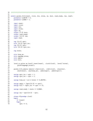 20   ////////////////////////////////////////////////////////////////////////////////
21
22   module packer_fifo(reset, clock, din, stren, we, dout, read_ready, len, read);
23       parameter S_WRITE = 0;
24       parameter S_READ = 1;
25
26      input reset;
27      input clock;
28      input din;
29      input stren;
30      input we;
31      output [7:0] dout;
32      output read_ready;
33      output [10:0] len;
34      input read;
35
36      reg [13:0] wptr;
37      wire [13:0] wptr_inc;
38      reg [10:0] rptr;
39      wire [10:0] rptr_inc;
40
41      reg state;
42
43      wire   bram_we;
44      wire   negedge_stren;
45      wire   empty;
46      wire   full;
47
48      level_to_pulse we_level(.reset(reset), .clock(clock), .level(~stren),
49          .pulse(negedge_stren));
50
51      packer_fifo_memory memory(.clka(clock), .clkb(clock), .dina(din),
52          .doutb(dout), .wea(bram_we), .addra(wptr), .addrb(rptr));
53
54      assign wptr_inc = wptr + 1;
55      assign rptr_inc = rptr + 1;
56
57      assign bram_we = we  (state == S_WRITE);
58
59      assign empty = (wptr[13:3] == rptr);
60      assign full = (wptr_inc == rptr  3);
61
62      assign read_ready = state == S_READ;
63
64      assign len = wptr[13:3] - rptr;
65
66      always @(posedge clock)
67      begin
68          if (reset)
69          begin
70              wptr = 0;


                                                 82
 