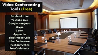 Video Conferencing
Tools (Free)
Facebook Live
YouTube Live
Google Hangouts
Skype
Zoom
Appear.in
Slack Video Calls
UberConference
TrueConf Online
FreeConference