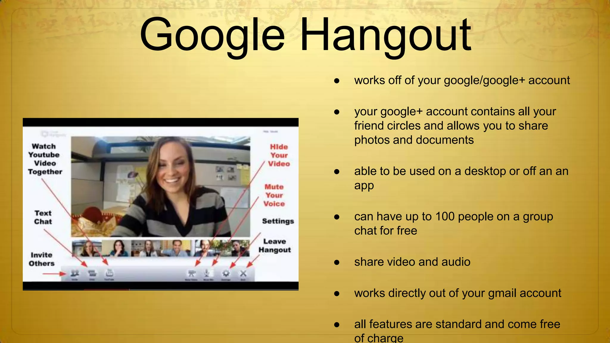 Google Hangout
●

works off of your google/google+ account

●

your google+ account contains all your
friend circles and allows you to share
photos and documents

●

able to be used on a desktop or off an an
app

●

can have up to 100 people on a group
chat for free

●

share video and audio

●

works directly out of your gmail account

●

all features are standard and come free
of charge

 