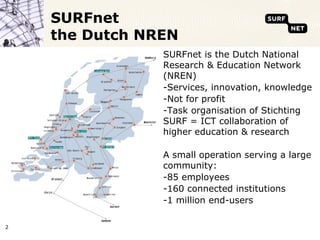 SURFnet
    the Dutch NREN
                SURFnet is the Dutch National
                Research & Education Network
                (NREN)
                -Services, innovation, knowledge
                -Not for profit
                -Task organisation of Stichting
                SURF = ICT collaboration of
                higher education & research

                A small operation serving a large
                community:
                -85 employees
                -160 connected institutions
                -1 million end-users

2
 