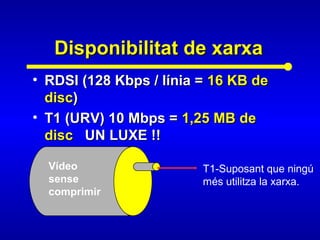 Disponibilitat de xarxaDisponibilitat de xarxa
• RDSI (128 Kbps / línia =RDSI (128 Kbps / línia = 16 KB de16 KB de
discdisc))
• T1 (URV) 10 Mbps =T1 (URV) 10 Mbps = 1,25 MB de1,25 MB de
discdisc UN LUXE !!UN LUXE !!
T1-Suposant que ningú
més utilitza la xarxa.
Vídeo
sense
comprimir
 