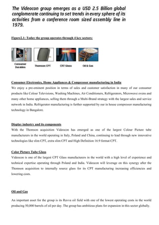 Figure2.1: Today the group operates through 4 key sectors:
Consumer Electronics, Home Appliances & Compressor manufacturing in India
We enjoy a pre-eminent position in terms of sales and customer satisfaction in many of our consumer
products like Colour Televisions, Washing Machines, Air Conditioners, Refrigerators, Microwave ovens and
many other home appliances, selling them through a Multi-Brand strategy with the largest sales and service
network in India. Refrigerator manufacturing is further supported by our in house compressor manufacturing
technology in Bangalore.
Display industry and its components
With the Thomson acquisition Videocon has emerged as one of the largest Colour Picture tube
manufacturers in the world operating in Italy, Poland and China, continuing to lead through new innovative
technologies like slim CPT, extra slim CPT and High Definition 16:9 format CPT.
Color Picture Tube Glass
Videocon is one of the largest CPT Glass manufacturers in the world with a high level of experience and
technical expertise operating through Poland and India. Videocon will leverage on this synergy after the
Thomson acquisition to internally source glass for its CPT manufacturing increasing efficiencies and
lowering costs.
Oil and Gas
An important asset for the group is its Ravva oil field with one of the lowest operating costs in the world
producing 50,000 barrels of oil per day. The group has ambitious plans for expansion in this sector globally.
 