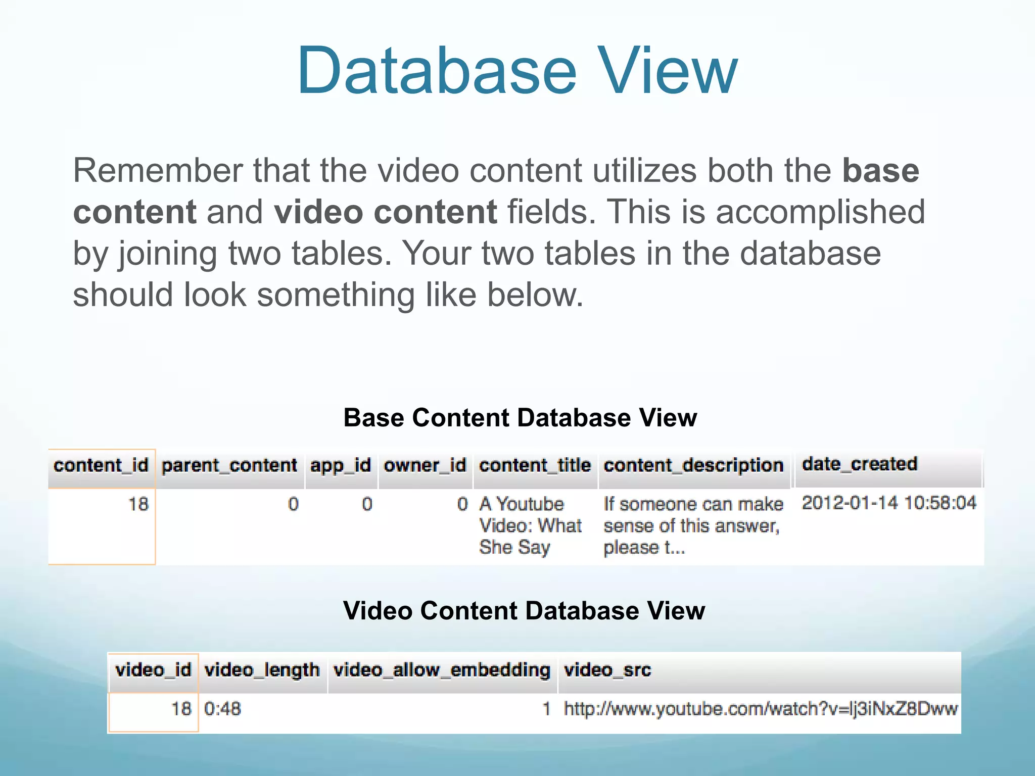 Database View
Remember that the video content utilizes both the base
content and video content fields. This is accomplished
by joining two tables. Your two tables in the database
should look something like below.


                 Base Content Database View




                 Video Content Database View
 