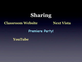 Sharing
Classroom Website         Next Vista

            Premiere Party!

    YouTube
 