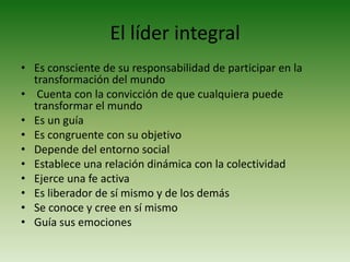 Establece una relación dinámica con la colectividad¡ Somos líderes !Nuestras atribuciones y actuaciones como líderesINDIVIDUOSLa atribución implica incertidumbre. Delimitar nuestros objetivos y ser consecuentes con ellos, implica adentrarnos a aquello que escapa de ellos, a lo que no depende de nosotros.Fe activa  de Fromm LIDER LIDERAZGO El liderazgo genuino no se limita a un líder, sino que emerge en la red de procesos y situaciones que nos permiten tomar las decisiones que tomamos.ENTORNO SOCIALCOLECTIVIDADCrea el entorno del liderazgo