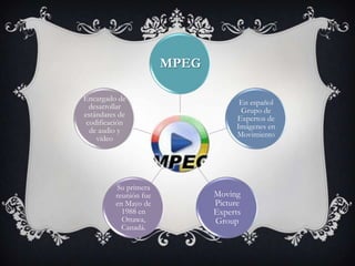 MPEG

Encargado de
                                     En español
  desarrollar
                                     Grupo de
estándares de
                                    Expertos de
 codificación
                                    Imágenes en
  de audio y
                                    Movimiento
    vídeo




         Su primera
         reunión fue          Moving
         en Mayo de           Picture
           1988 en            Experts
           Ottawa,            Group
           Canadá.
 
