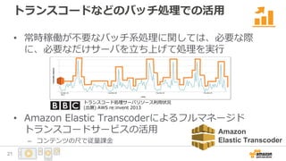 トランスコードなどのバッチ処理での活用
• 常時稼働が不要なバッチ系処理に関しては、必要な際
に、必要なだけサーバを立ち上げて処理を実行
• Amazon Elastic Transcoderによるフルマネージド
トランスコードサービスの活用
– コンテンツの尺で従量課金
トランスコード処理サーバリソース利用状況
(出展) AWS re:invent 2013
Amazon
Elastic Transcoder
21
 