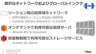 潤沢なネットワークおよびグローバルインフラ
• リージョン毎の高帯域ネットワーク
– 世界９箇所のリージョンを自由に利用可能
– Contents Delivery Networkサービスの活用
• オンデマンドで利用可能な仮想サーバ
– Amazon EC2 & Ecosystem
• 容量無制限で利用可能なストレージサービス
– Amazon S3, Glacier
29
 