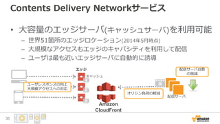 Contents Delivery Networkサービス
• 大容量のエッジサーバ(キャッシュサーバ)を利用可能
– 世界51箇所のエッジロケーション(2014年5月時点)
– 大規模なアクセスもエッジのキャパシティを利用して配信
– ユーザは最も近いエッジサーバに自動的に誘導
配信サーバ
Amazon
CloudFront
エッジ
キャッシュ
ユーザレスポンスの向上
大規模アクセスへの対応
オリジン負荷の軽減
配信サーバ台数
の削減
30
 