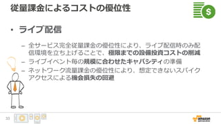 従量課金によるコストの優位性
• ライブ配信
– 全サービス完全従量課金の優位性により、ライブ配信時のみ配
信環境を立ち上げることで、極限までの設備投資コストの削減
– ライブイベント毎の規模に合わせたキャパシティの準備
– ネットワーク流量課金の優位性により、想定できないスパイク
アクセスによる機会損失の回避
33
 