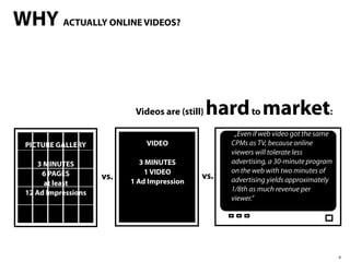 WHY ACTUALLY ONLINE VIDEOS?



                            Videos are (still)   hard to market:
                                                     „Even if web video got the same
 PICTURE GALLERY               VIDEO                CPMs as TV, because online
                                                    viewers will tolerate less
    3 MINUTES                 3 MINUTES             advertising, a 30-minute program
     6 PAGES                   1 VIDEO              on the web with two minutes of
                     vs.                     vs.    advertising yields approximately
      at least             1 Ad Impression
                                                    1/8th as much revenue per
 12 Ad Impressions
                                                    viewer.”




                                                                                       6
 