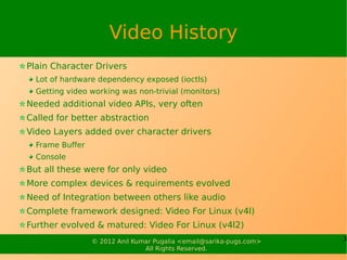 Video History
Plain Character Drivers
  Lot of hardware dependency exposed (ioctls)
  Getting video working was non-trivia...