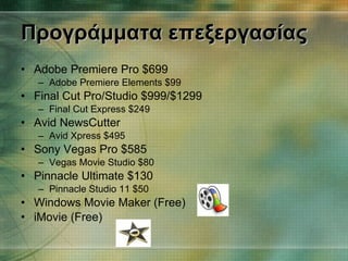 Προγράμματα επεξεργασίας Adobe Premiere Pro $699 Adobe Premiere Elements $99 Final Cut Pro/Studio $999/$1299 Final Cut Express $249 Avid NewsCutter Avid Xpress $495 Sony Vegas Pro $585  Vegas Movie Studio $80 Pinnacle Ultimate $130  Pinnacle Studio 11 $50 Windows Movie Maker (Free) iMovie (Free) 