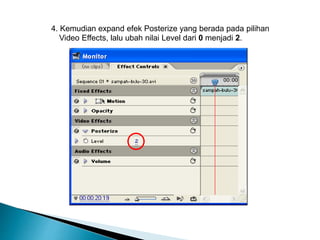 4. Kemudian expand efek Posterize yang berada pada pilihan 
Video Effects, lalu ubah nilai Level dari 0 menjadi 2. 
 