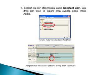 4. Setelah itu pilih efek transisi audio Constant Gain, lalu 
drag dan drop ke dalam area overlap pada Track 
Audio. 
Tampilan Audio Transition dalam Tab Effects 
Pengaplikasian transisi audio pada area overlap dalam Track Audio 
 