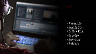 • Assemble
• Rough Cut
• Online Edit
• Preview
• Revision
• Release
 