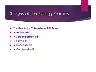 Stages of the Editing Process
 The Five Major Categories of Edit Types
 ● Action edit
 ● Screen position edit
 ● Form edit
 ● Concept edit
 ● Combined edit
 