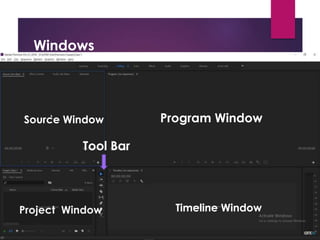 Windows
Project Window
Source Window
Timeline Window
Program Window
Tool Bar
 