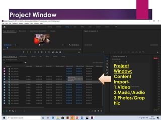 Project Window
Project Window
Source Window
Timeline Window
Program Window
Tool Bar
Project
Window:
Content
Import-
1.Video
2.Music/Audio
3.Photos/Grap
hic
 